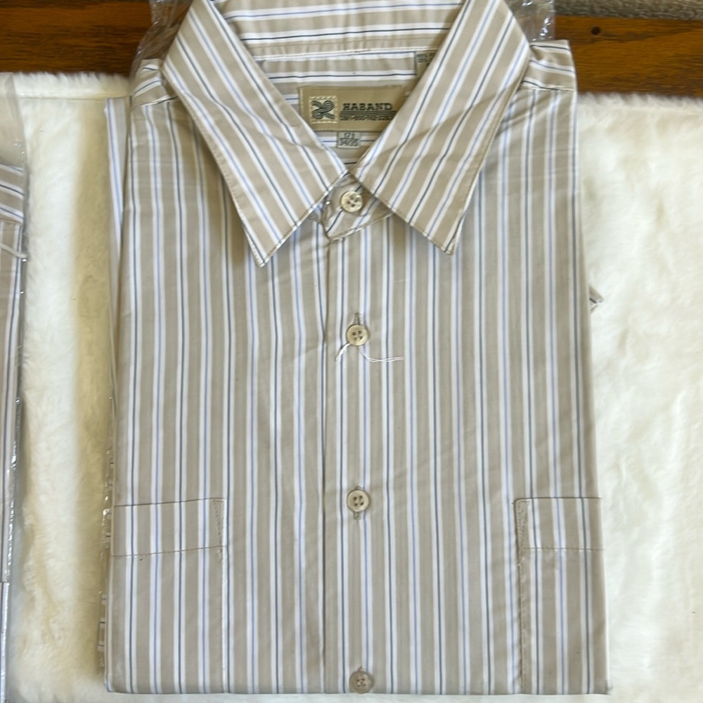 Haband Menswear Tan/Blue Long Sleeve Vertical Stripe Dress Shirt